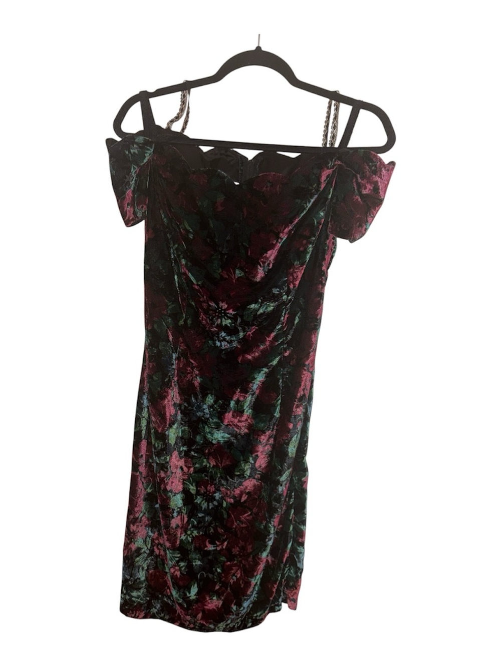 Vintage Capezio Off-Shoulder Velvet Floral Midi Dress Burgundy Teal 6